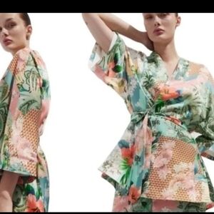 Zara Women's SZ Sm. Satin Floral tie kimono jacket green orange Coral lined‎